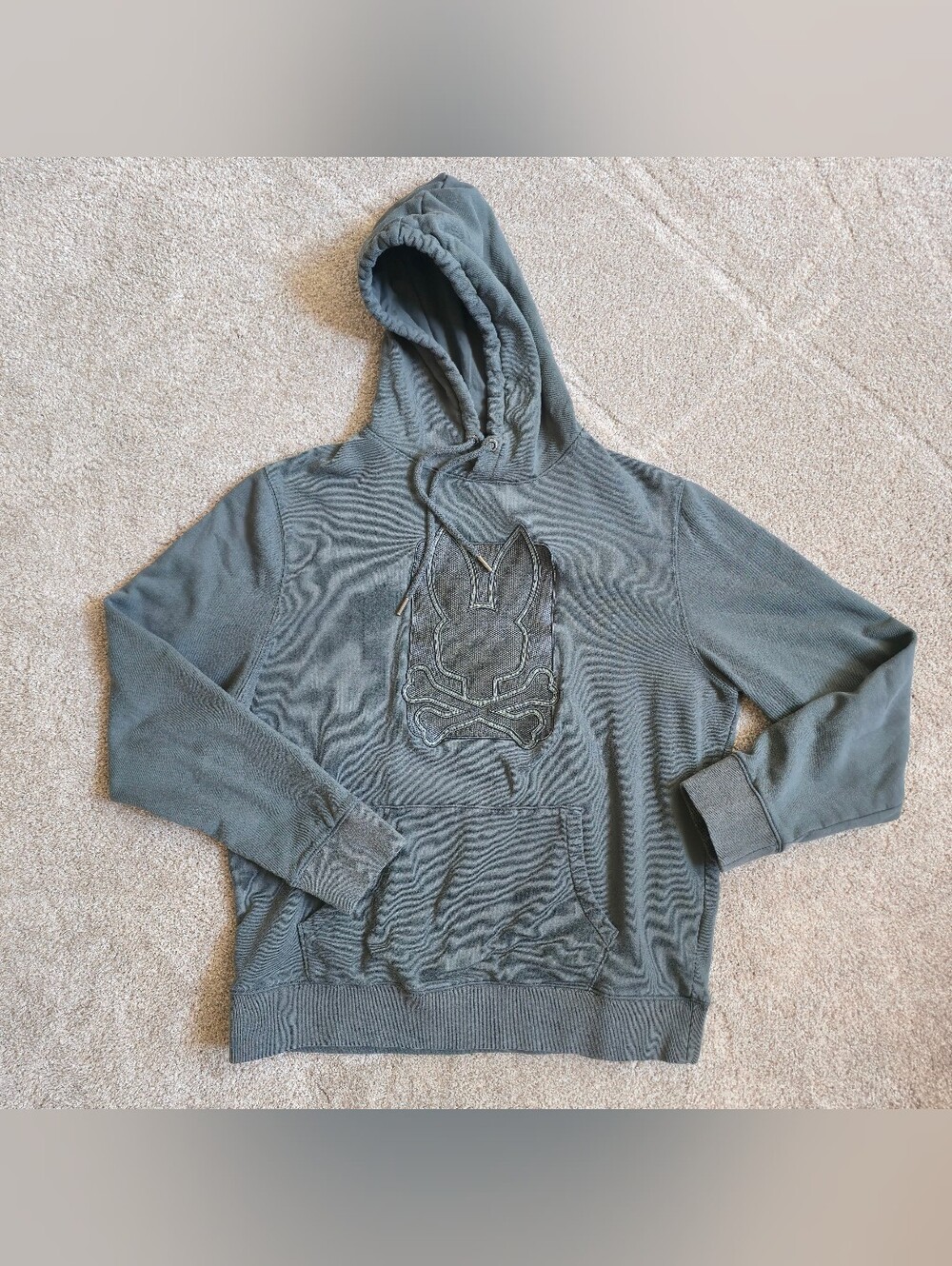 Psycho Bunny Hoodie Mens Large Grey Textured Logo Skull Pullover Sweatshirt